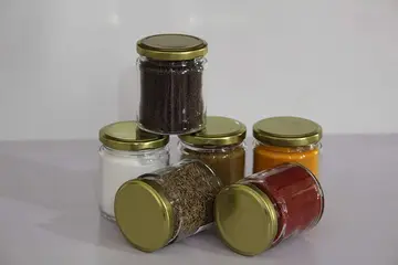 Cover of HG CRUZ 200ml Glass Jar Set of 6 Small Size Glass Jar for Storage, Air Tight Cap, Salsa Glass Jar with Golden Cap