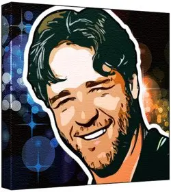 Cover of Russell Crowe - Pop Art Print (Comic Effect; Disco Lights Background) 30 x 30 x 2 cm Medium Square Deep Box Canvas