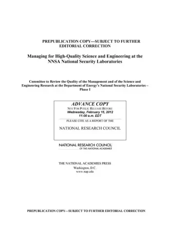 Cover of Managing for High-Quality Science and Engineering at the NNSA National Security Laboratories
