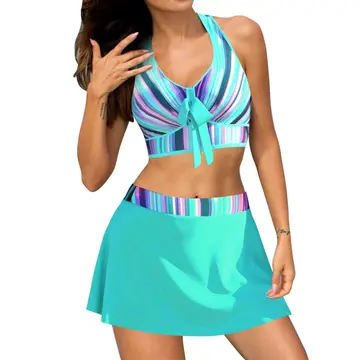 Cover of Sky Blue Two Piece Swimwear with Skirt - Sexy Color Block Bikini