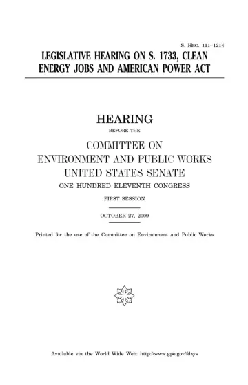 Cover of Legislative Hearing on S. 1733, Clean Energy Jobs and American Power Act