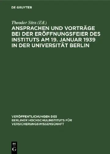 Cover of Ansprachen Und Vorträge Bei Der Eröffnungsfeier Des Instituts Am 19. Januar 1939 in Der Universität Berlin