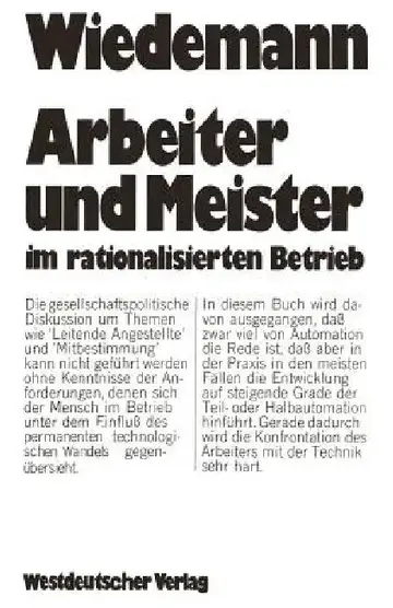 Cover of Arbeiter Und Meister Im Rationalisierten Betrieb