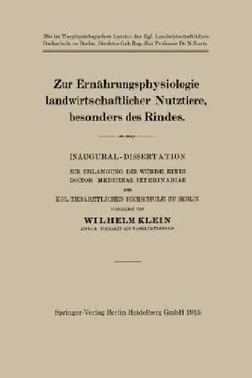 Cover of Zur Ernährungsphysiologie Landwirtschaftlicher Nutztiere, Besonders Des Rindes