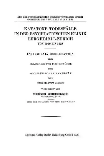 Cover of Katatone Todesfälle in Der Psychiatrischen Klinik Burghölzli-Zürich Von 1900 Bis 1928