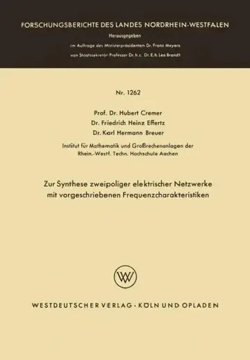 Cover of Zur Synthese Zweipoliger Elektrischer Netzwerke Mit Vorgeschriebenen Frequenzcharakteristiken