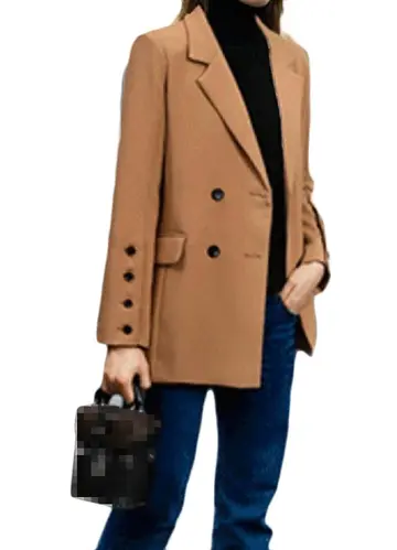 Cover of Comfy Women Double-Breasted Mid-Long Solid Pocketed Dress Suit Blazer, Camel, US X Small