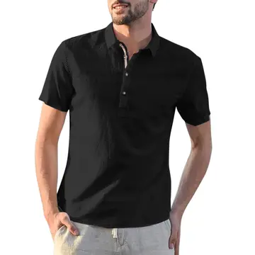 Cover of Tan Vest Mens Sun Shirts for Men Men Summer Casual Shirt Blouses Cotton Linen Blouse Short Sleeve Turn Down Collar Button Fashion Shirt Top, Black, M