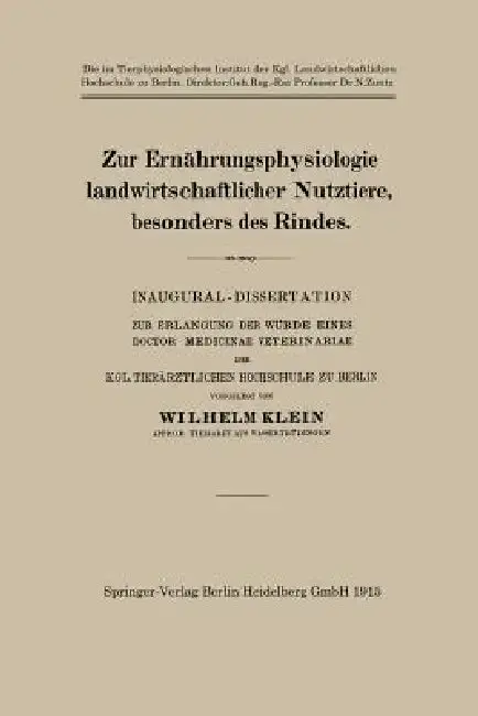 Cover of Zur Ernährungsphysiologie Landwirtschaftlicher Nutztiere, Besonders Des Rindes