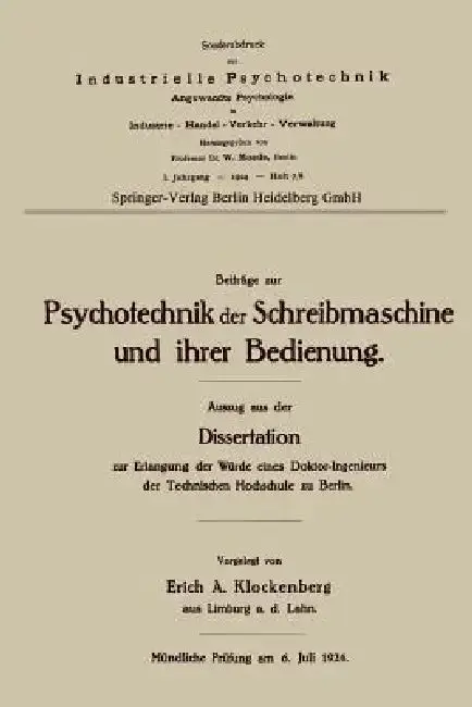 Cover of Beiträge Zur Psychotechnik Der Schreibmaschine Und Ihrer Bedienung