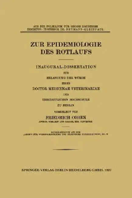 Cover of Zur Epidemiologie Des Rotlaufs