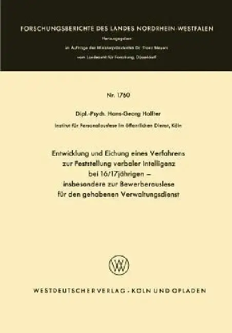 Cover of Entwicklung Und Eichung Eines Verfahrens Zur Feststellung Verbaler Intelligenz Bei 16/17jährigen