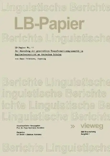 Cover of Zur Anwendung Der Generativen Transformationsgrammatik Im Englischunterricht an Deutschen Schulen
